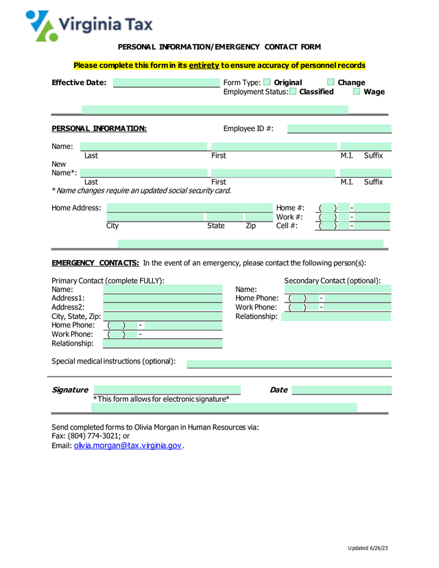 PERSONAL INFORMATIONEMERGENCY CONTACT FORM screenshot