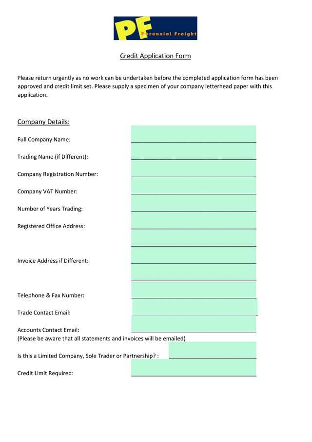 Credit Application Form screenshot