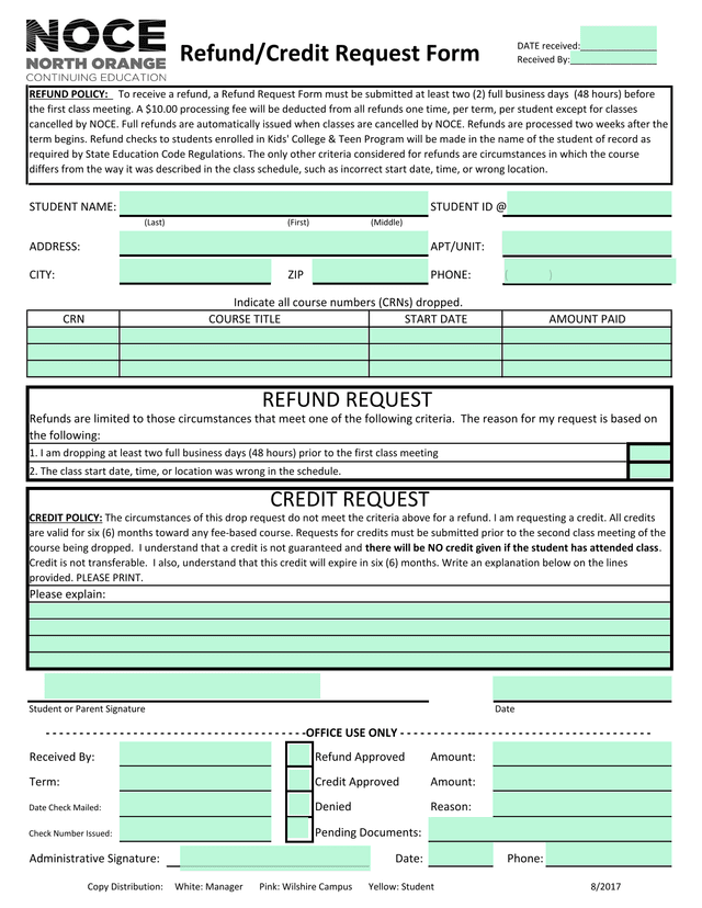 RefundCredit Request Form screenshot