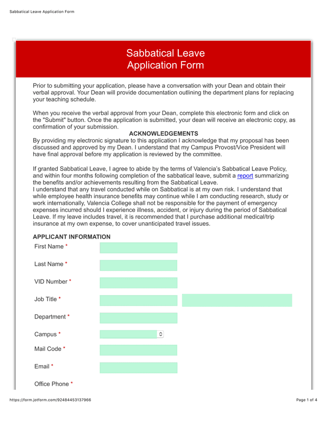 Sabbatical Leave Application Form screenshot