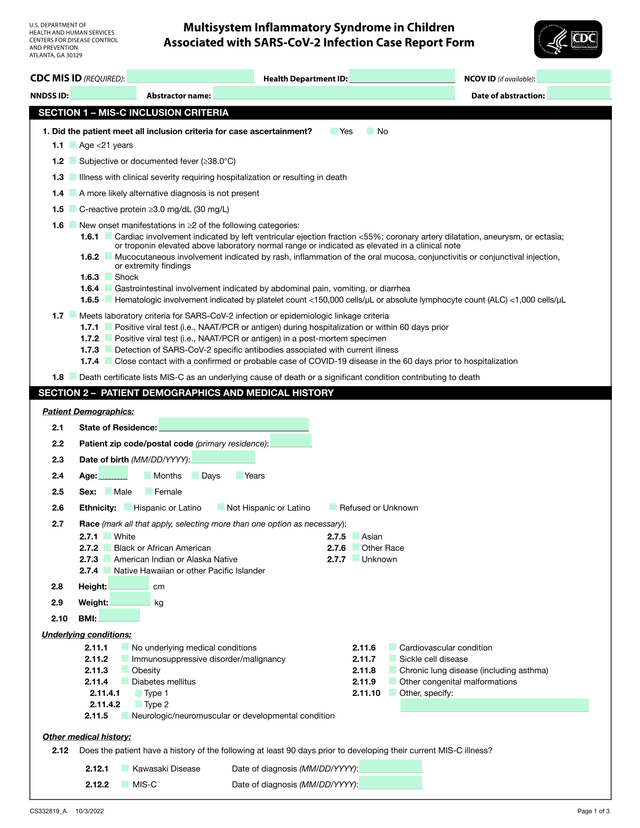Multisystem Inflammatory Syndrome In Children Associated With SARS CoV 2 Infection Case Report Form screenshot
