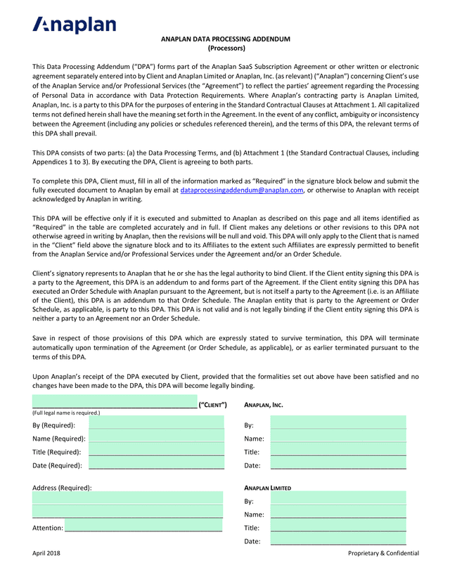 Anaplan Data Processing Addendum screenshot