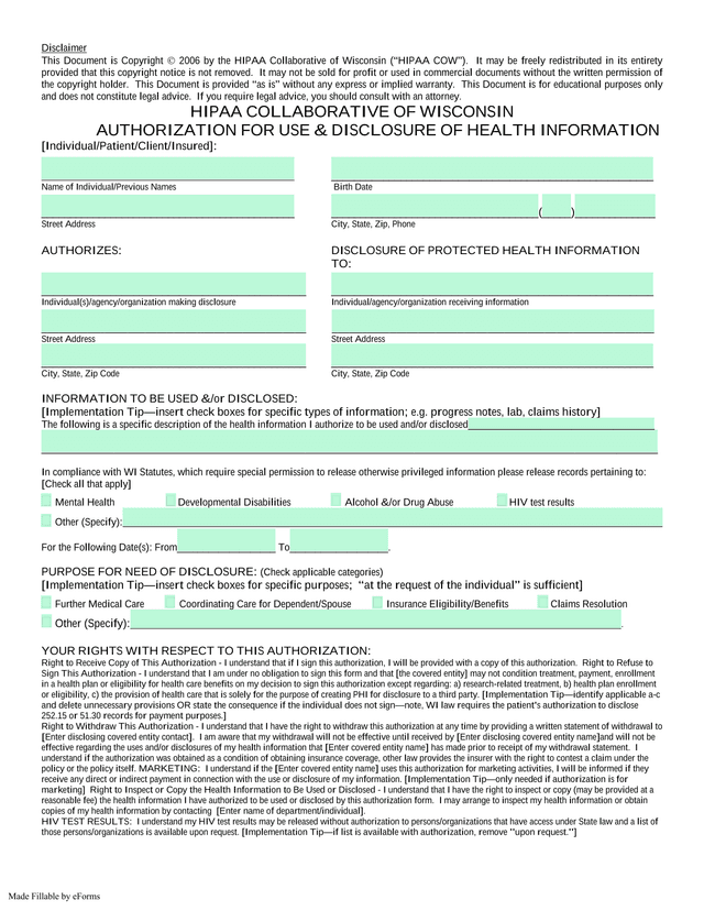 Authorization For Use  Disclosure Of Health Information screenshot