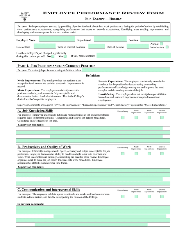 EMPLOYEE PERFORMANCE REVIEW FORM NON EXEMPT  HOURLY screenshot