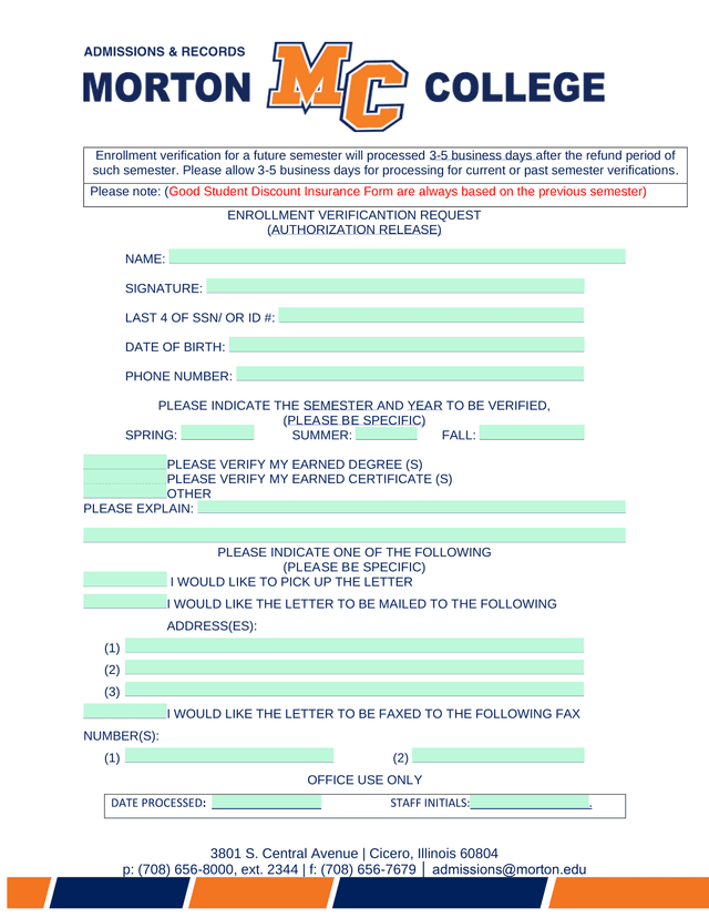 Enrollment Verification Request (Authorization Release) screenshot