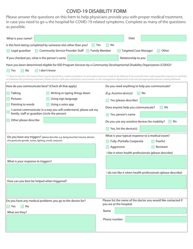 COVID 19 DISABILITY FORM screenshot