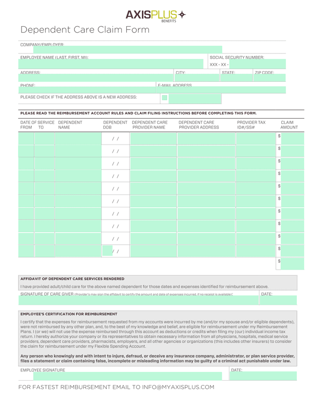 Dependent Care Claim Form screenshot