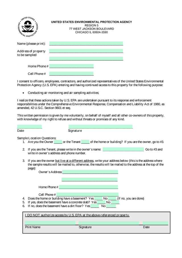 EPA Property Access And Air Sampling Consent Form screenshot