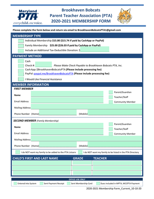 2020 2021 Membership Form screenshot