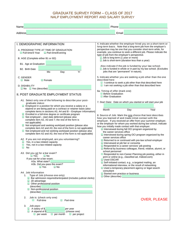 GRADUATE SURVEY FORM  CLASS OF 2017 NALP EMPLOYMENT REPORT AND SALARY SURVEY screenshot