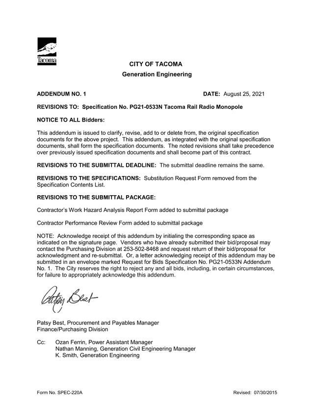 ADDENDUM NO. 1 To PG21 0533N Tacoma Rail Radio Monopole Specification screenshot