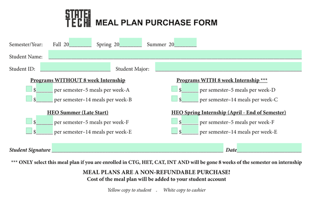 MEAL PLAN PURCHASE FORM screenshot