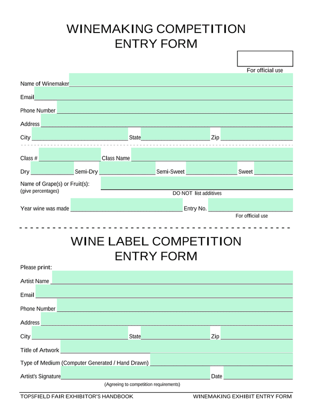 TOPSFIELD FAIR WINE LABEL COMPETITION ENTRY FORM screenshot