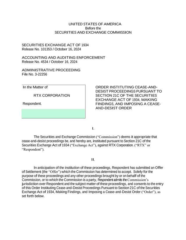 Order Instituting Cease And Desist Proceedings Against RTX Corporation screenshot