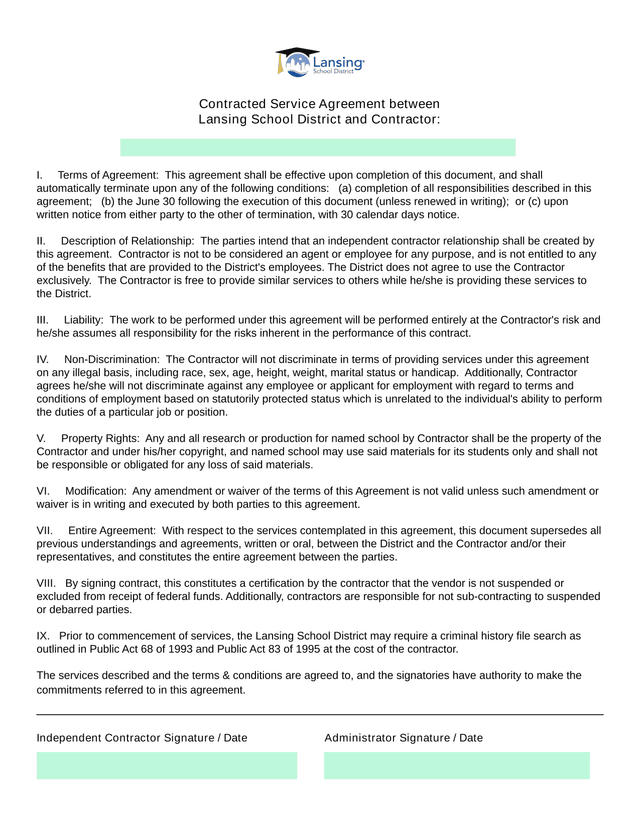 Contracted Service Agreement Between Lansing School District And Contractor screenshot