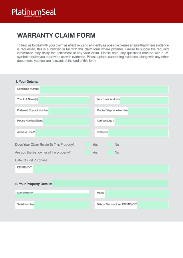 WARRANTY CLAIM FORM screenshot