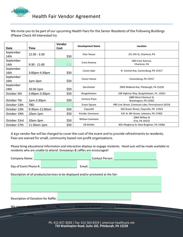 Health Fair Vendor Agreement screenshot