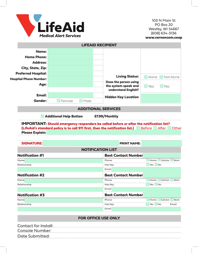 LifeAid Medical Alert Services Service Request Form screenshot