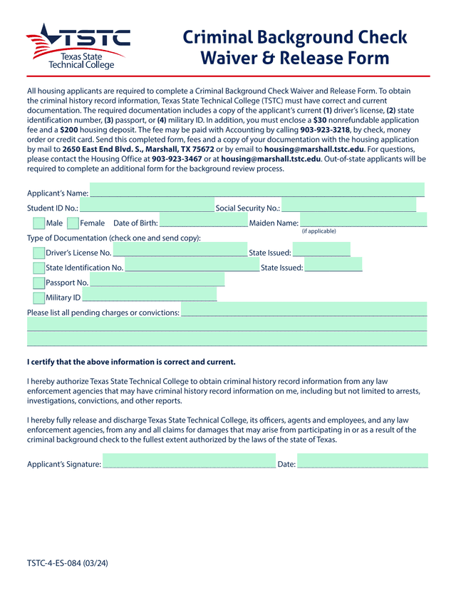 Criminal Background Check Waiver  Release Form screenshot