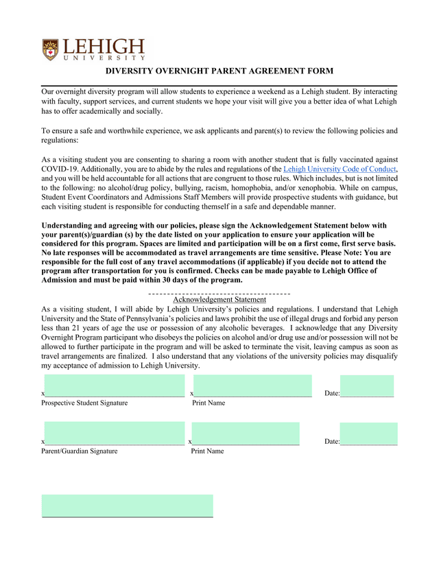 Diversity Overnight Parent Agreement Form screenshot