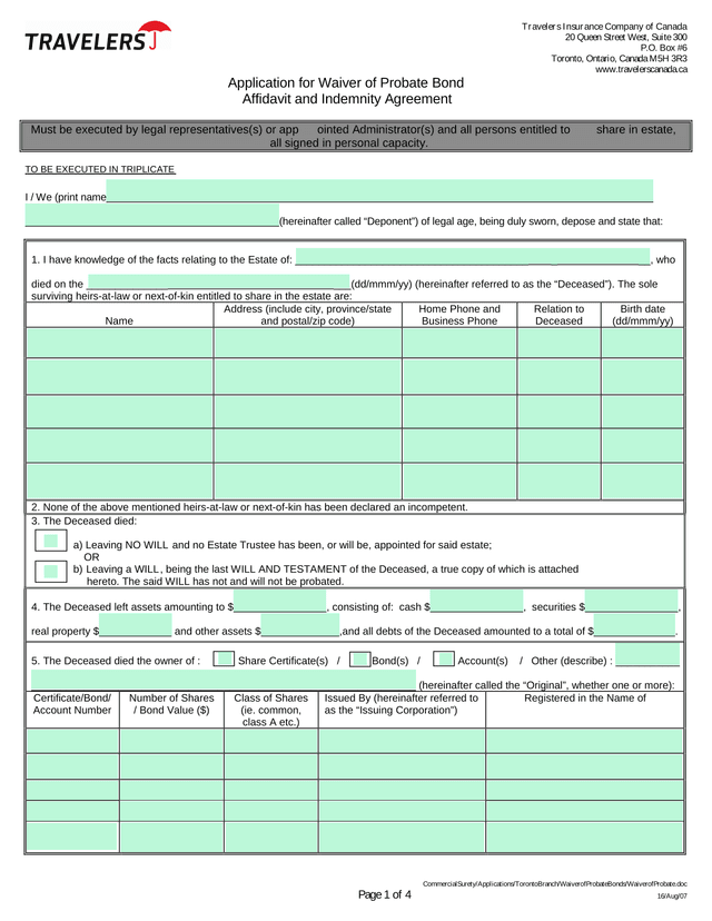 Application For Waiver Of Probate Bond screenshot