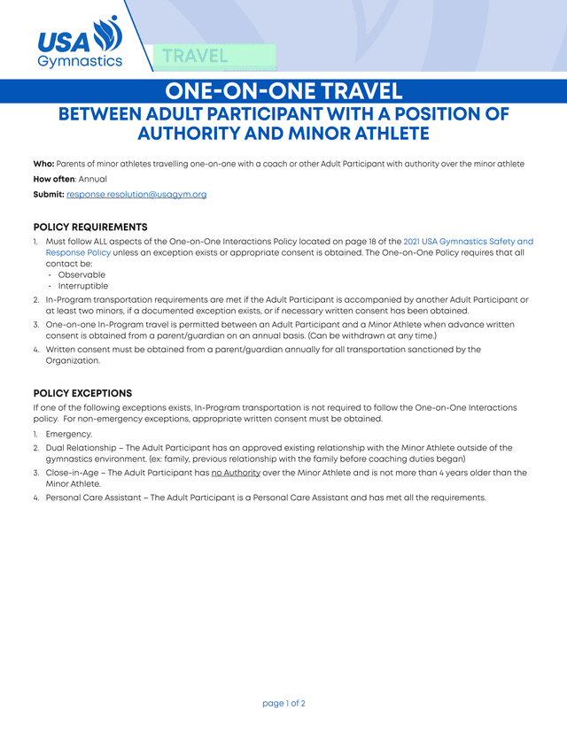 Annual Consent For One On One Travel Between Adult Participant And Minor Athlete screenshot
