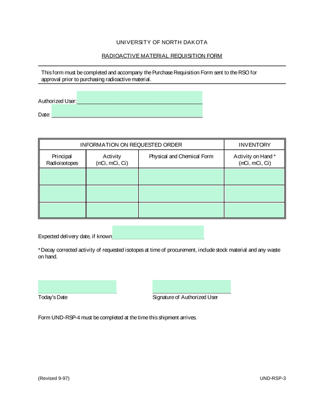 University Of North Dakota Radioactive Material Requisition Form screenshot