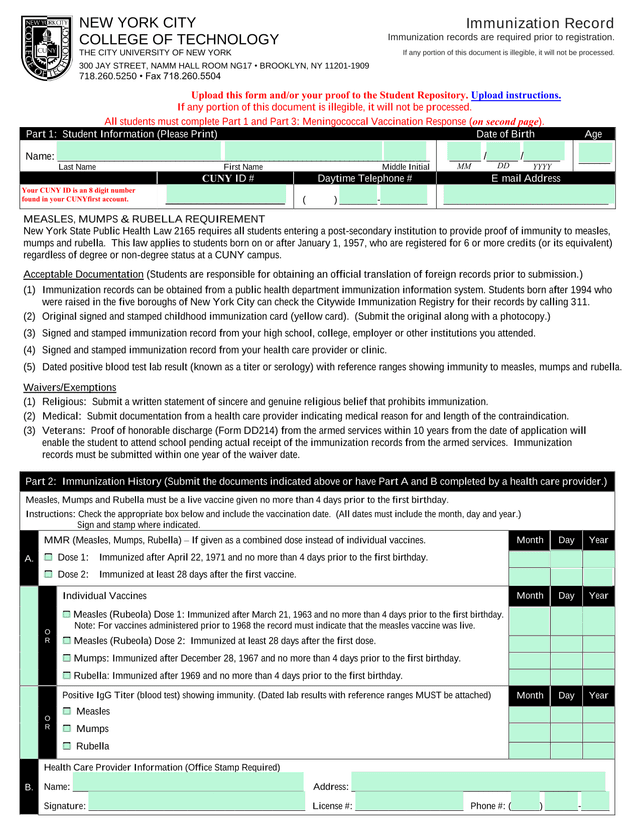 Measles, Mumps  Rubella Requirement Form screenshot