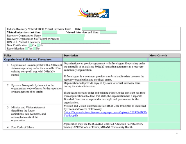 Indiana Recovery Network RCO Virtual Interview Form screenshot