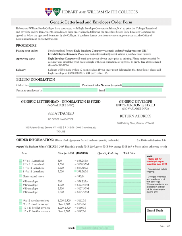 Hobart And William Smith Colleges Letterhead And Envelope Order Form screenshot