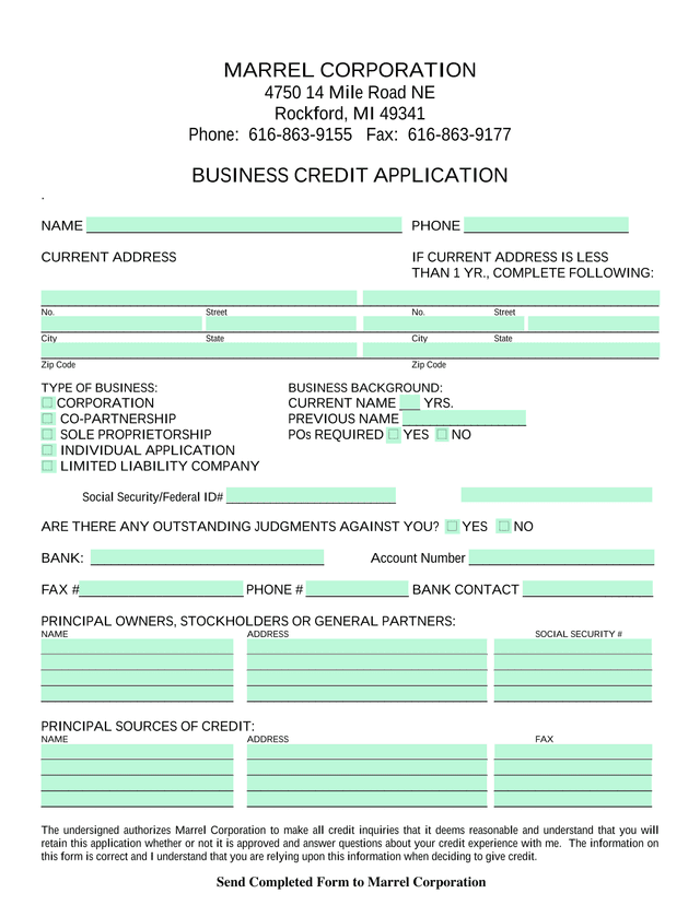 BUSINESS CREDIT APPLICATION screenshot