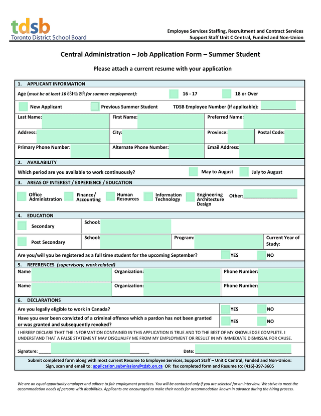 Central Administration  Job Application Form  Summer Student screenshot