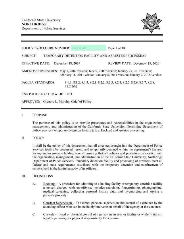 TEMPORARY DETENTION FACILITY AND ARRESTEE PROCESSING screenshot