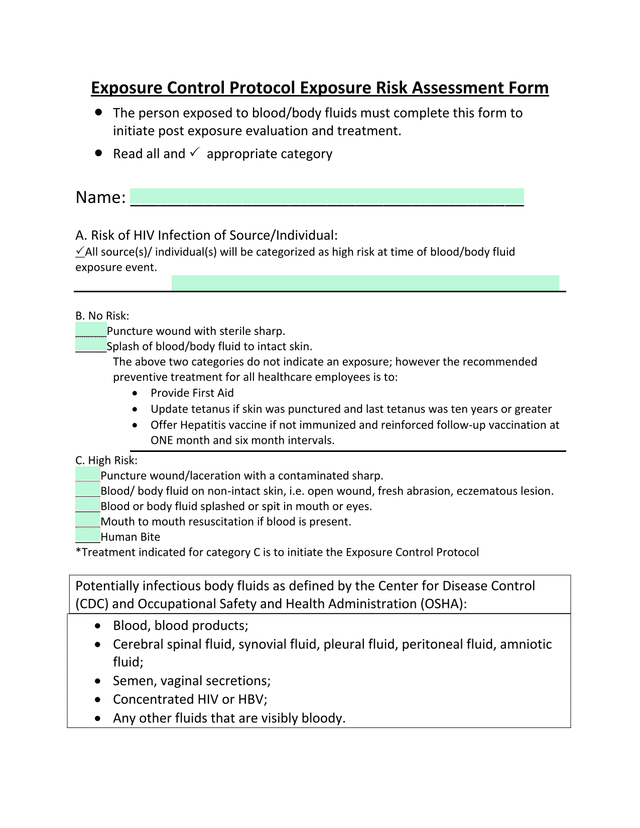 Exposure Control Protocol Exposure Risk Assessment Form screenshot