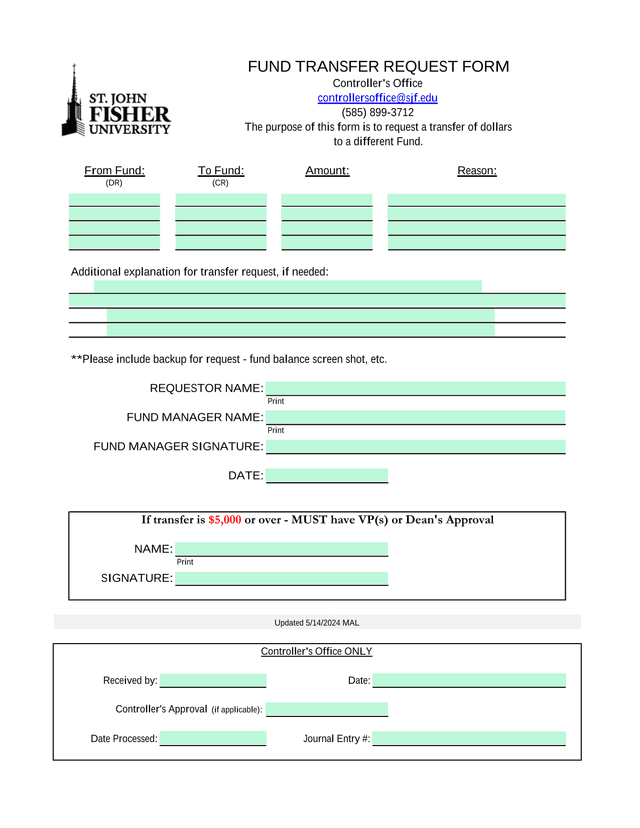 FUND TRANSFER REQUEST FORM screenshot