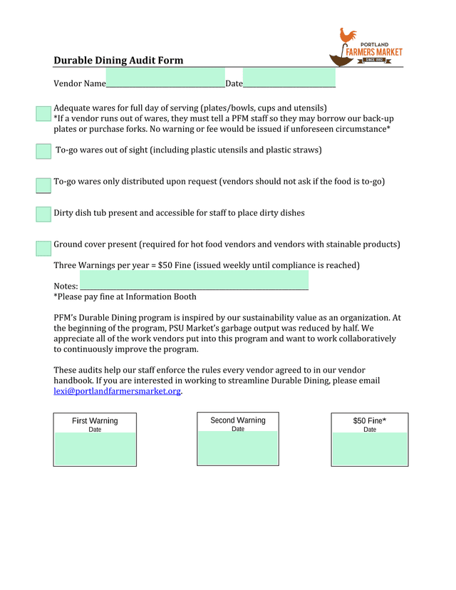 Durable Dining Audit Form screenshot