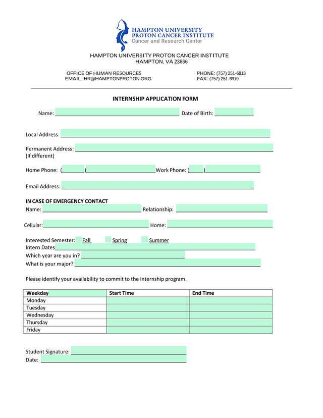 Internship Application Form screenshot