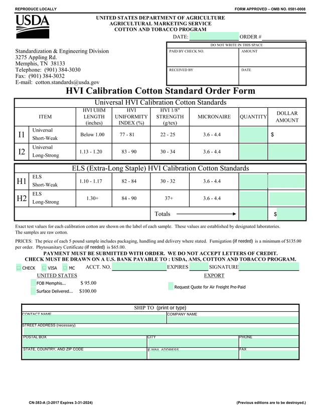 HVI Calibration Cotton Standard Order Form screenshot