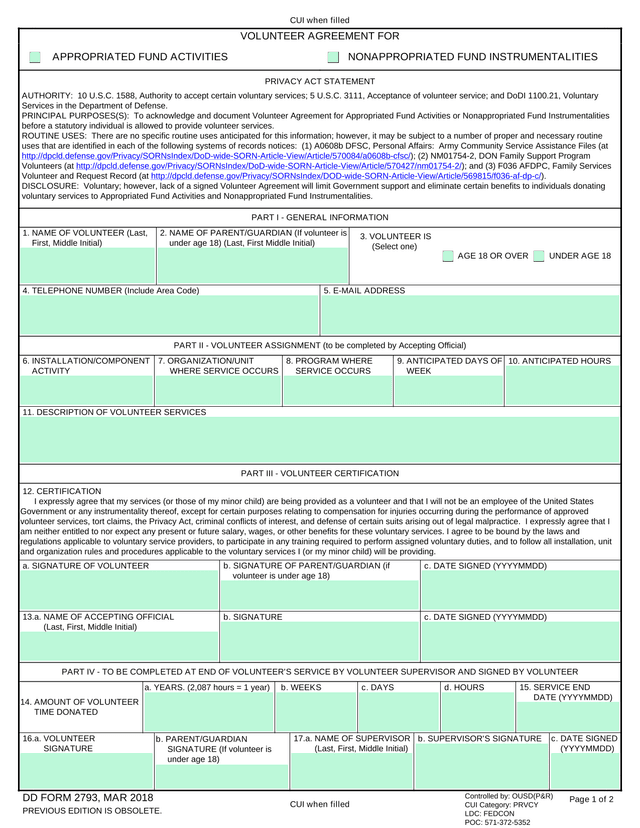 VOLUNTEER AGREEMENT FOR APPROPRIATED FUND ACTIVITIES NONAPPROPRIATED FUND INSTRUMENTALITIES screenshot