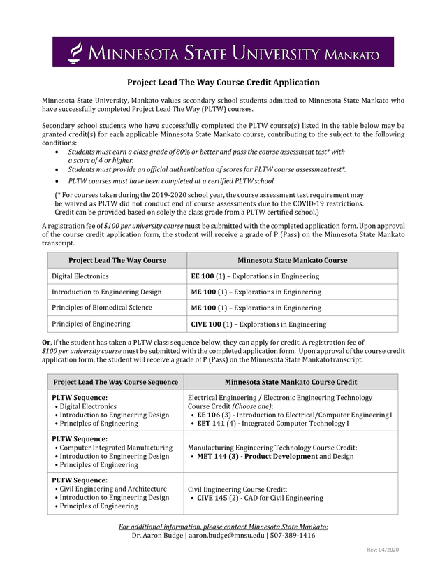 Project Lead The Way Course Credit Application screenshot