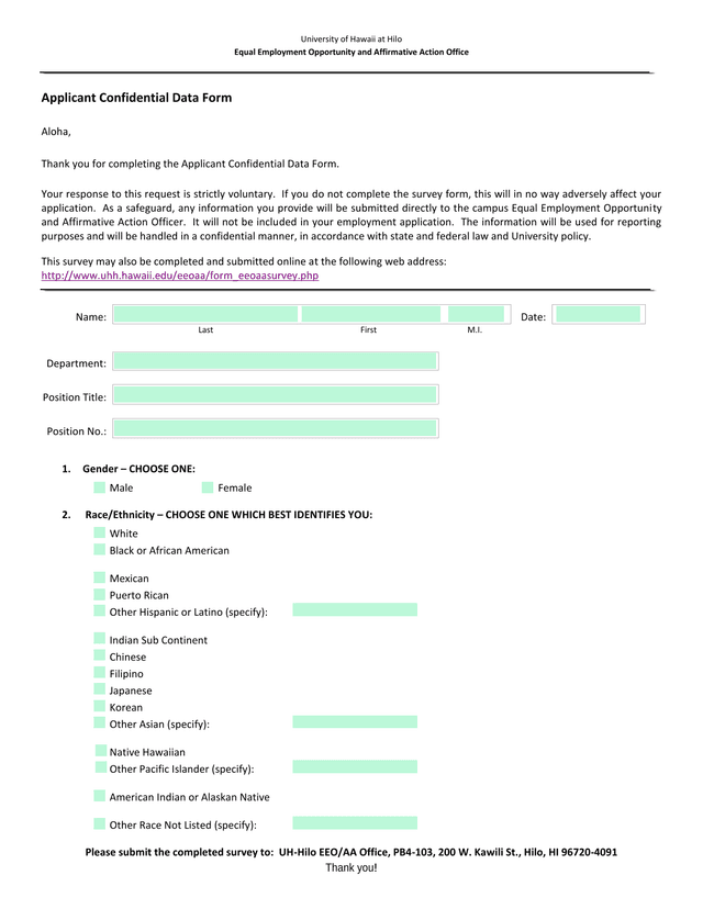 Applicant Confidential Data Form screenshot