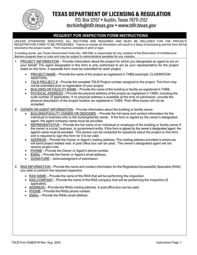 Request For Inspection Form Instructions screenshot