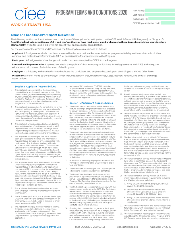 CIEE Work  Travel USA Program Terms And Conditions screenshot