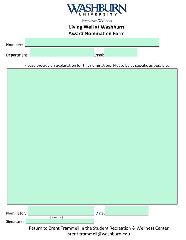 Living Well At Washburn Award Nomination Form screenshot
