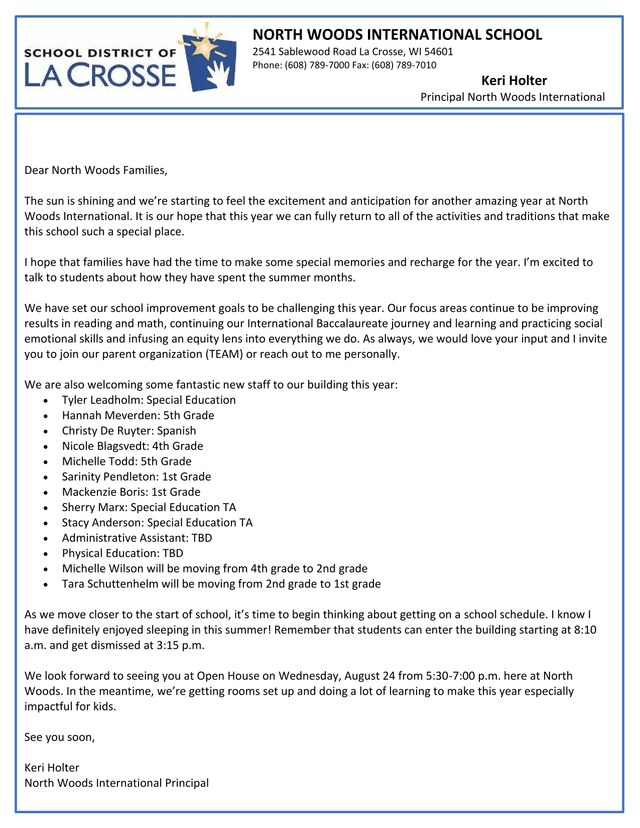 North Woods International School Annual Welcome Letter screenshot