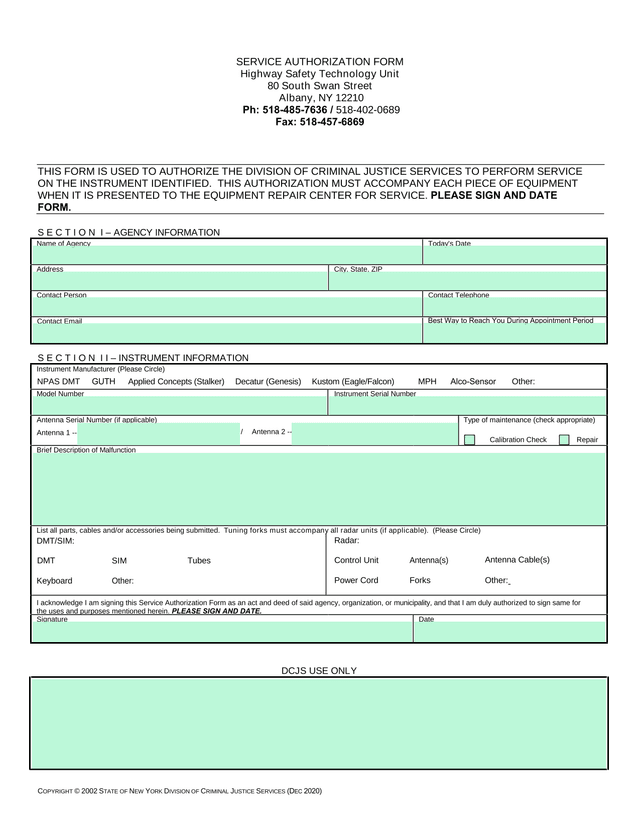 Service Authorization Form screenshot