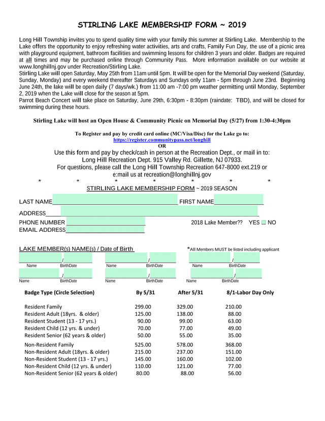 Stirling Lake Membership Form  2019 screenshot