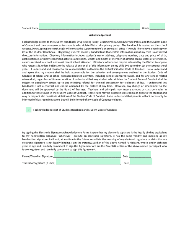 Electronic Signature Acknowledgment Form screenshot