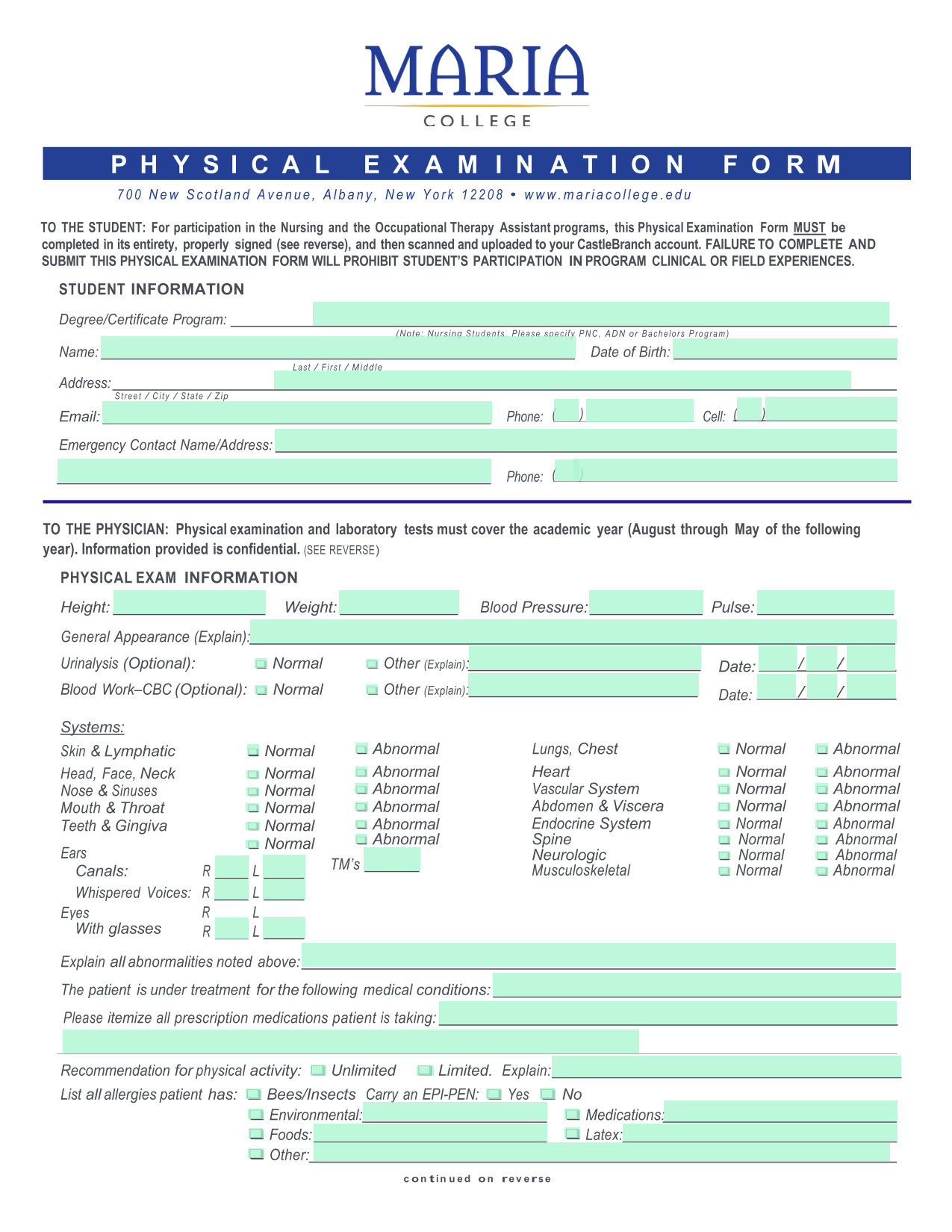 Physical Examination Form screenshot