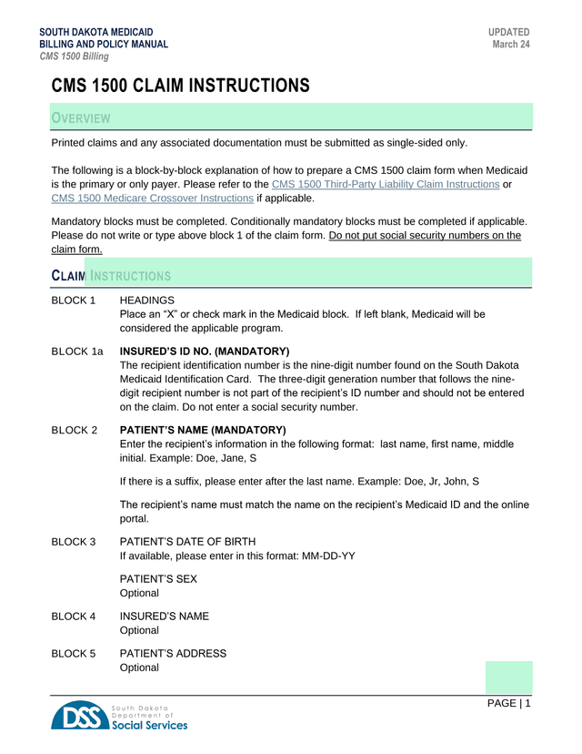 South Dakota Medicaid Billing And Policy Manual   CMS 1500 Billing screenshot